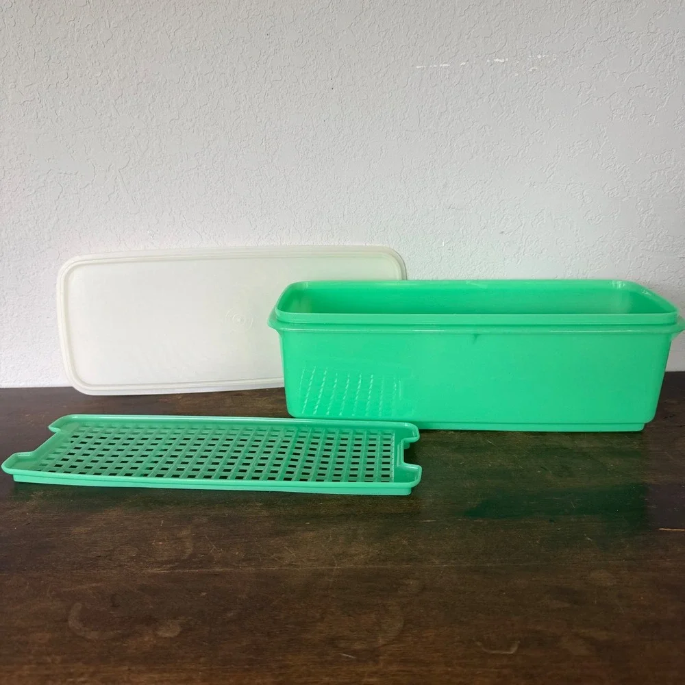 VTG Tupperware Celery Vegetable Keeper #782-8 3 Piece Set Green Jadeite Retro‎